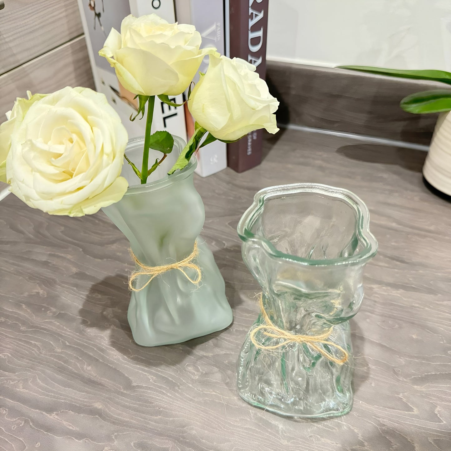 Glass Paper Bag Vase, Transparent Nordic Glassvase Bag Shape Home Flower Pot Decorer Vase Cute  Decorative Vases