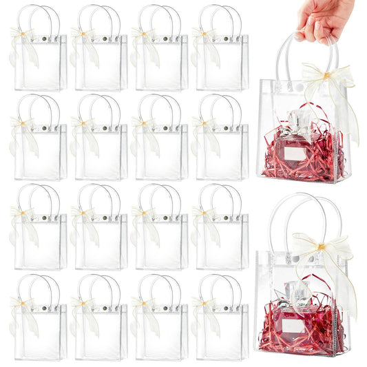 Ohuimrt 50 Pcs Clear Gift Bags with Handles, Reusable Plastic Gift Wrap Bags with Ribbon Transparent Party Favor Bags Bulk for Weddings Birthdays,